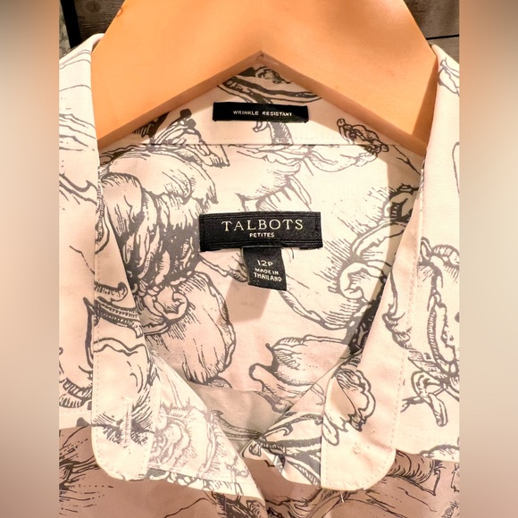 Talbots sz 12 petite collared button-down creamy white & black floral print - Picture 7 of 10